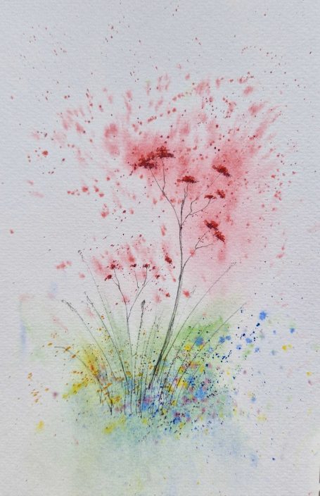 Zarte Aquarellblumen in rosa und grün auf einem hellen Hintergrund.